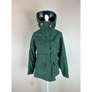 Vintage EMS Jacket Women’s M Green Chore Coat Wool Plaid Lined Field Parka Hood